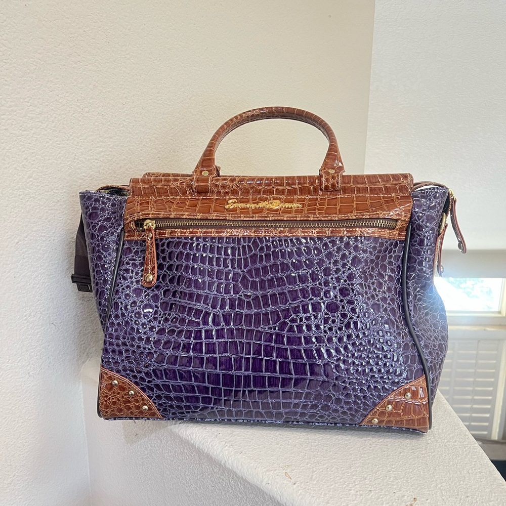 Samantha Brown Croc Embossed Brown Purple Dowel Travel Carry On Bag Weekender